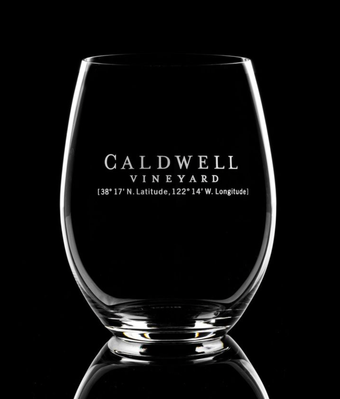 STEMLESS Caldwell Logo Coordinates Etched Riedel Glass