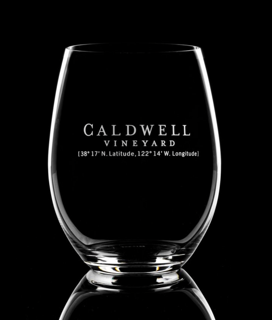 STEMLESS Caldwell Logo Coordinates Etched Riedel Glass