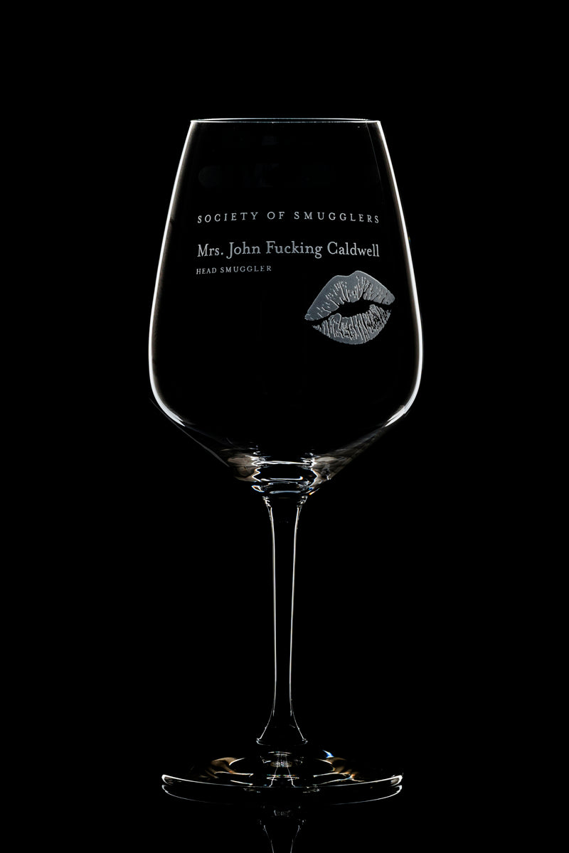 Caldwell Mrs JFC "John Fucking Caldwell"  'LIPS' Etched Riedel Glass